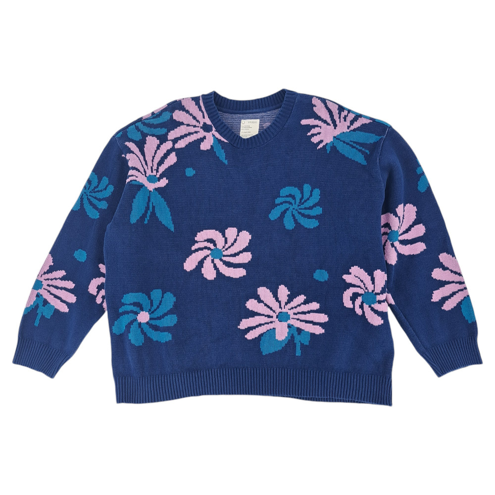 For Days Oversized Floral Crew Sweater 100% Cotton Navy Blue Women's Size XXL